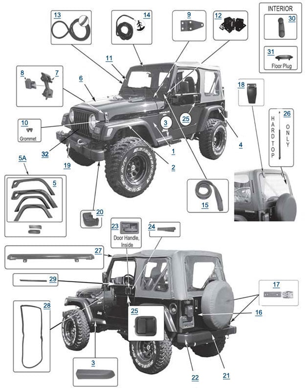 TJ Wrangler Body Parts - 4 Wheel Drive 1997 jeep wrangler hard top wiring diagram 